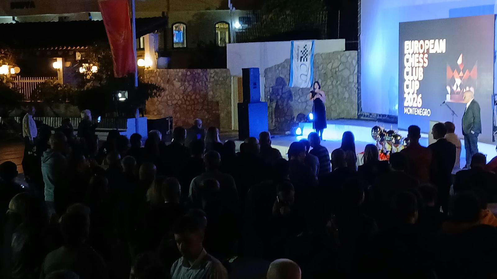 The stage and audience at the European Chess Club Cup awards ceremony in Budva.