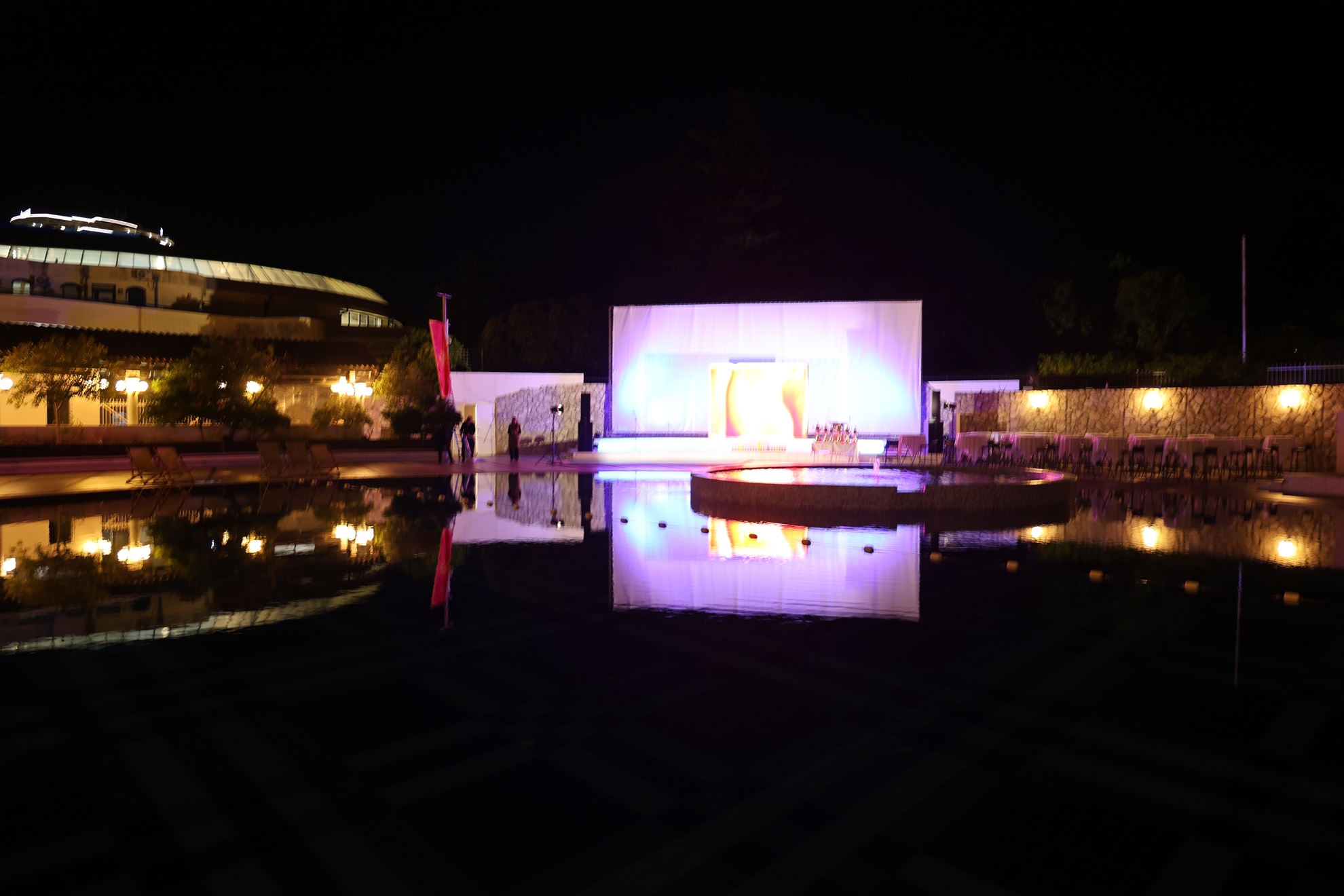 The illuminated closing-ceremony venue in Budva.