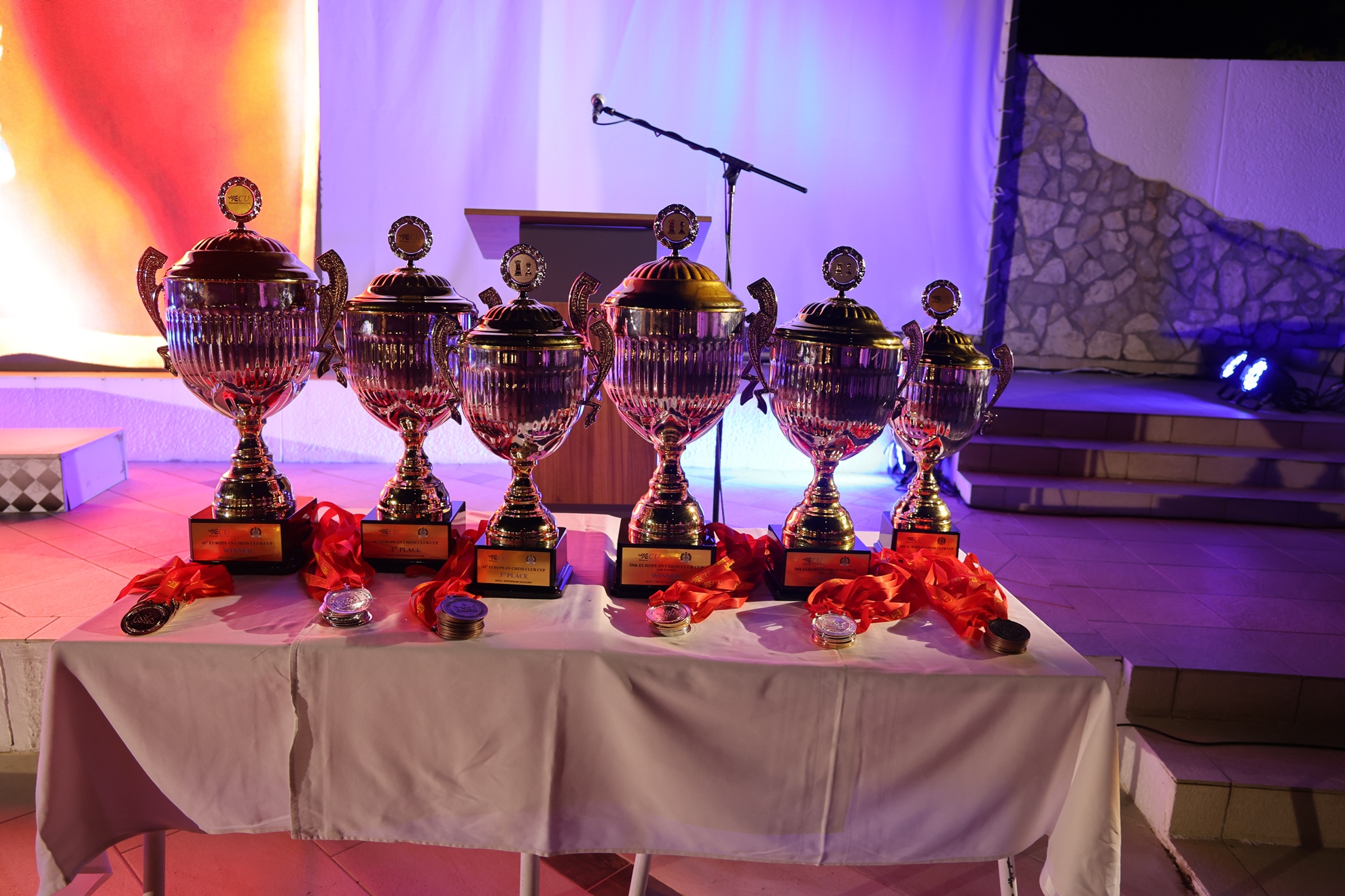 Trophies and medals ready for the award ceremony.